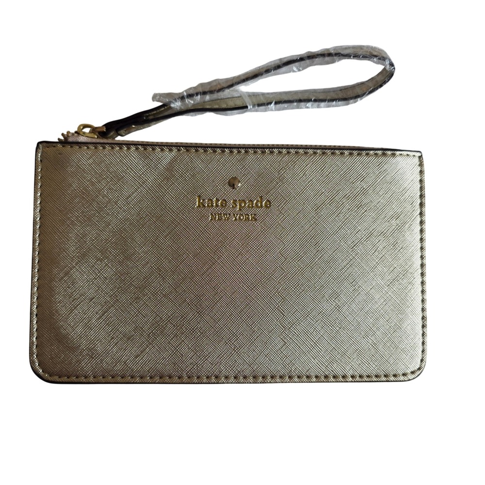 Kate Spade New York Metallic Gold Saffiano Leather Wristlet Pouch Zip Clutch